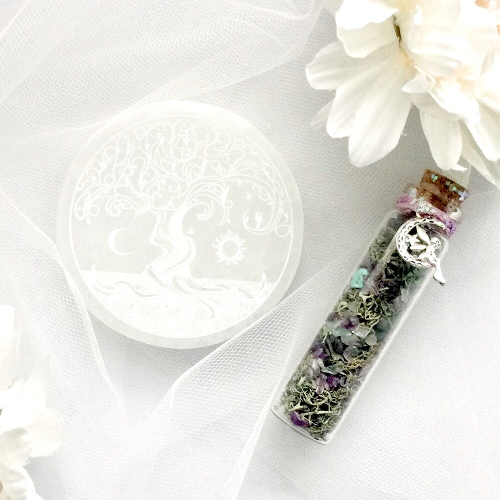 Tree of Life Selenite Charging Disc & Fairy Spell Jar Set